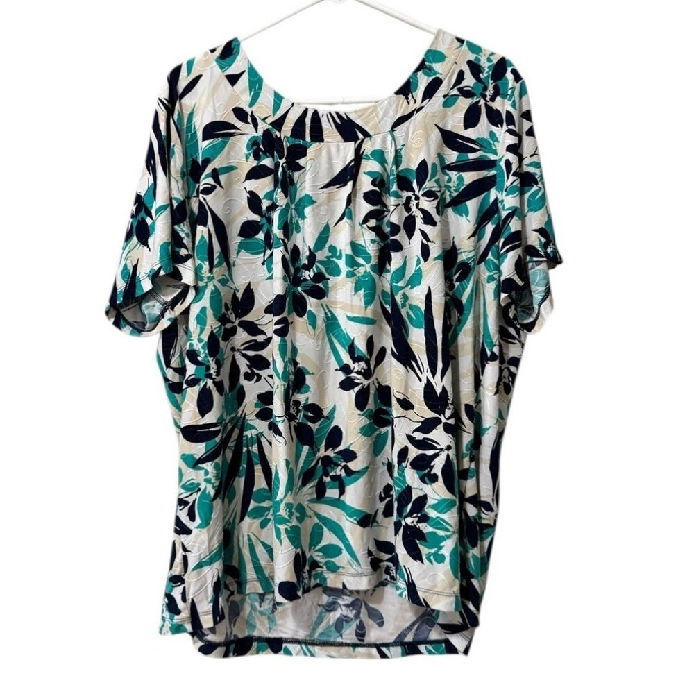 JM Collection Women Blouse Size 2X Floral Round Neck Short Sleeve Stretch Summer